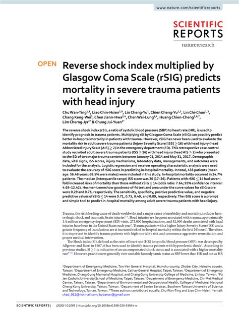 Pdf Reverse Shock Index Multiplied By Glasgow Coma Scale Rsig