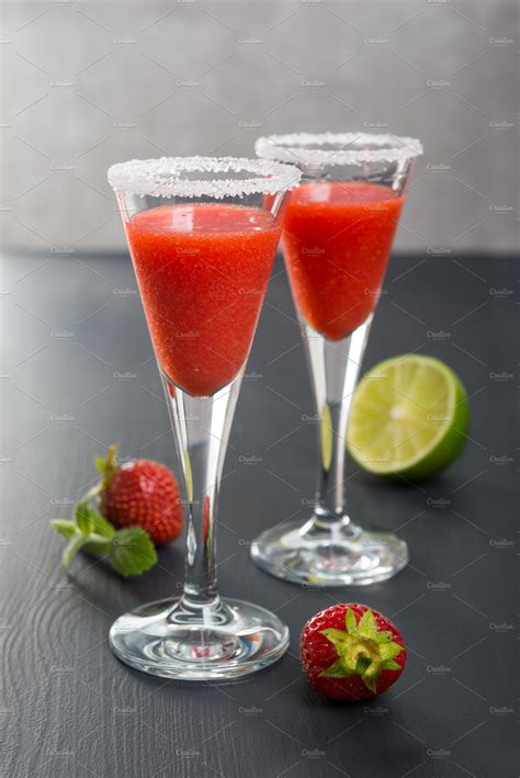 Two Glass Of Straberry Cocktail Featuring Drink Glass And Two Food Images ~ Creative Market