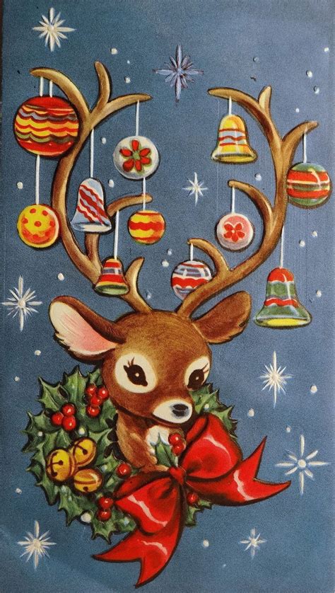 720p Free Download 50s Mid Century Modern Reindeer W Ornaments Stars Vintage Christmas Card