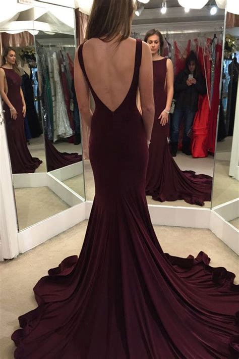 Elegant Burgundy Backless Scoop Sweep Train Prom Dress Evening Gown