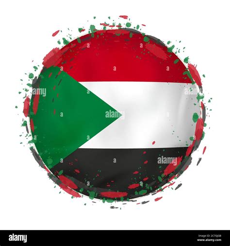 Round Grunge Flag Of Sudan With Splashes In Flag Color Vector