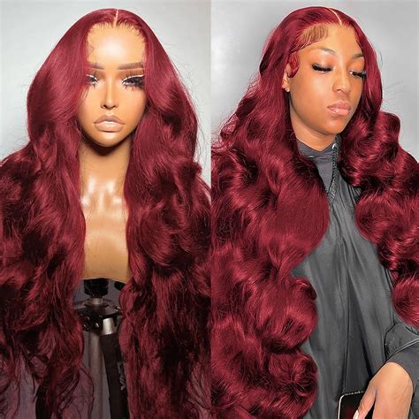 32 Inch 99j Burgundy Lace Front Wigs Human Hair Glueless Wine Red Colored Body Wave