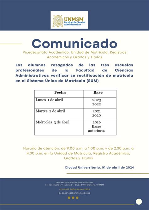 Resultados De La Rectificación De Matrícula 2024 I Facultad De Ciencias Administrativas