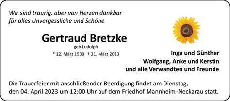 Traueranzeigen Von Gertraud Bretzke Trauerportal Ihrer Tageszeitung