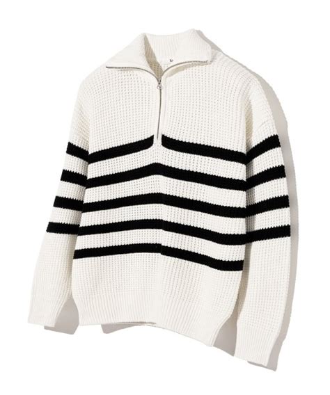 MUSINSA KNITTED Soft Cotton Heavy Waffle Half Zip Up Knit STRIPE IVORY