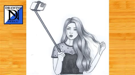 How To Draw A Girl Taking A Selfie With Selfie Stick Pencil Sketch