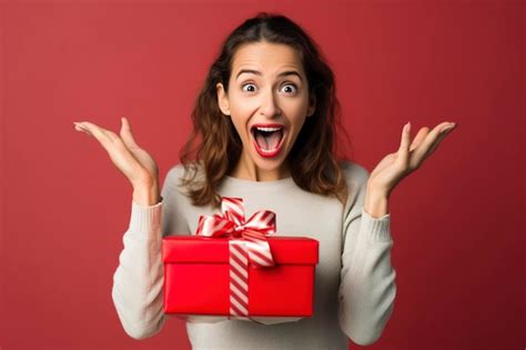 Premium AI Image Surprised Woman Receiving A Gift In A Red Box Ai