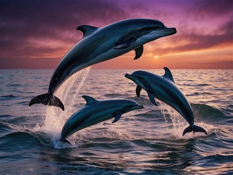 Premium Photo | Family of dolphins swimming at sunset