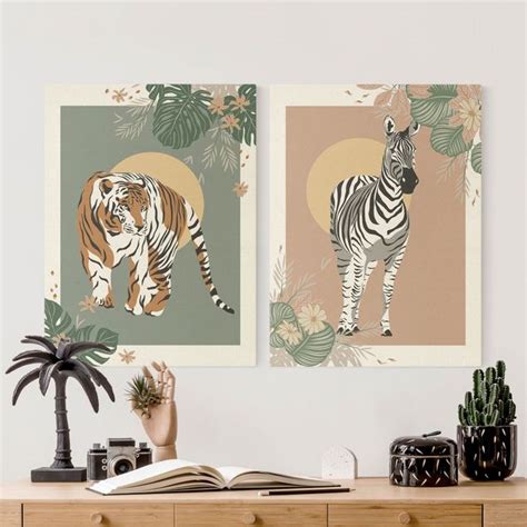 Teiliges Leinwandbild Safari Tiere Zebra Und Tiger Vor Sonne