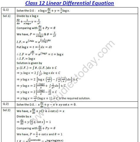 Cbse Class 12 Mathematics Linear Differential Equations 1 Practice Worksheet For Differentials