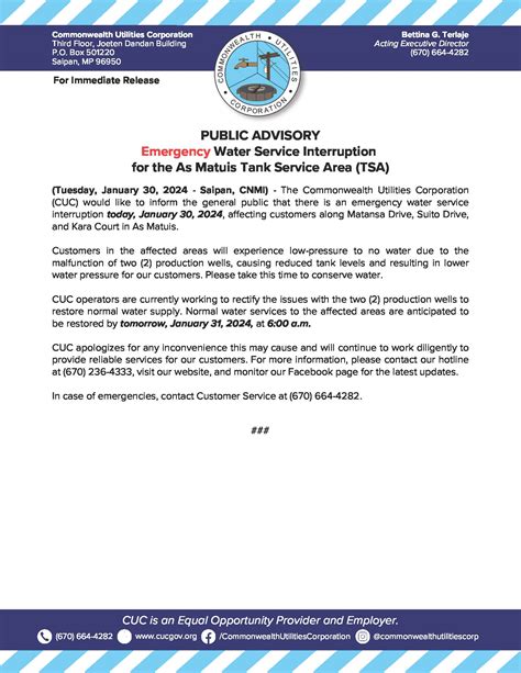 2024 Jan 30 Public Advisory Re Emergency Water Service Interruption For