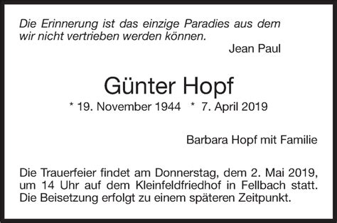 Traueranzeigen von Günter Hopf stuttgart gedenkt de