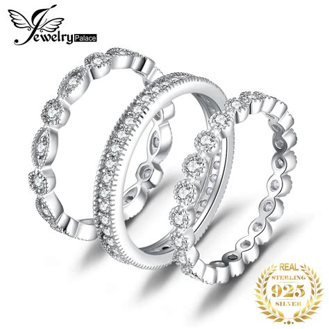 Jewelrypalace 3 Pçs Sólido 925 Prata Esterlina Anéis De Casamento Conjuntos Para Mulher