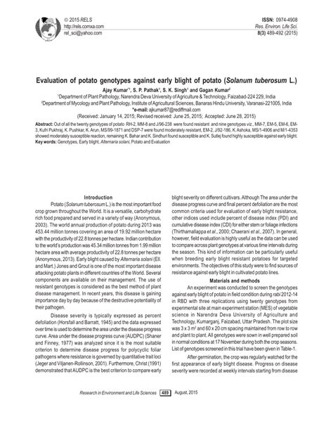 Pdf Evaluation Of Potato Genotypes Against Early Blight Of Potato