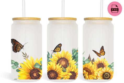 Sunflower Butterfly 16 Oz LIBBEY GLASS Graphic By Sasikharn Creative