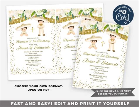 Twin Gold Charro Boy Baptism Fiesta Invitation Twins Boy Etsy