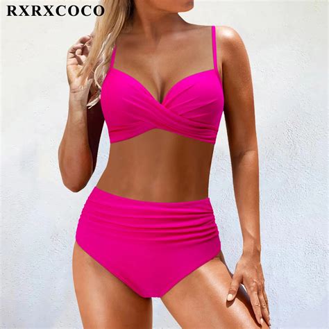 Rxrxcoco Effen Rode Vrouwen Bikini Set Hoge Taille Sexy Badpak Push Up