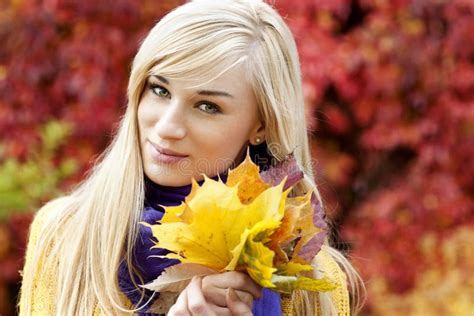 Mooie Blonde Jonge Vrouw De Herfstportret Stock Foto Image Of Elegant Kaukasisch