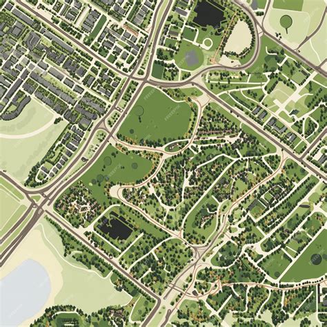 A city map with highlighted green spaces and parks showing recreational