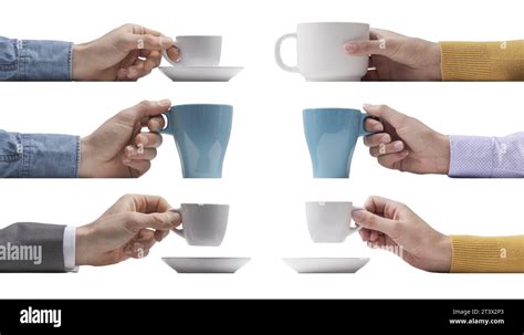 People Having Hot Drinks Set Of Hands Holding Different Kind Of Cups Isolated Stock Photo Alamy