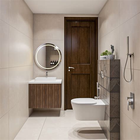 Compact Bathroom Design With Beige And Brown Tiles Livspace