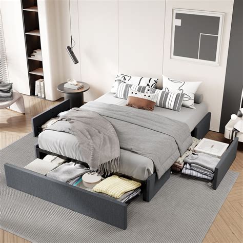 Sha Cerlin Queen Size Platform Bed Frame Base With 3 Storage Drawers