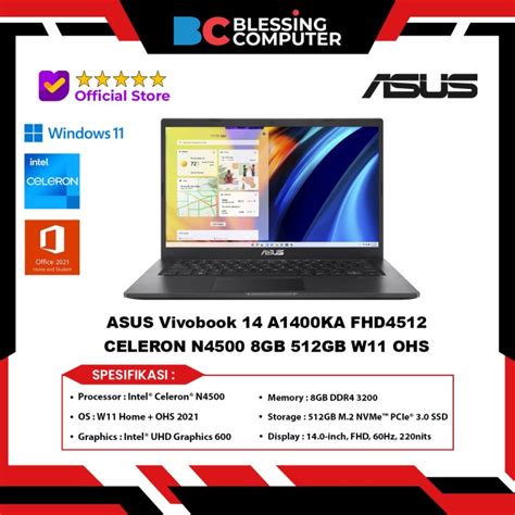 Promo ASUS Vivobook 14 A1400KA FHD4512 CELERON N4500 8GB 512GB W11 OHS