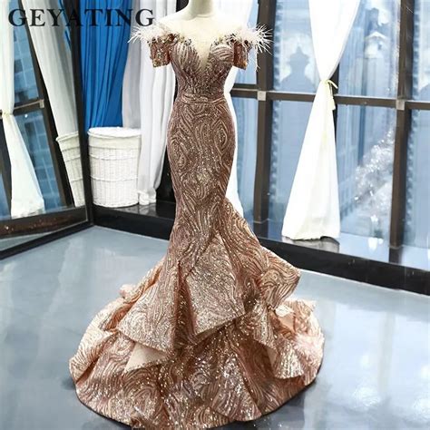 Sparkly Rose Gold Sequin Prom Dresses 2019 Long Black Girl Feather Prom