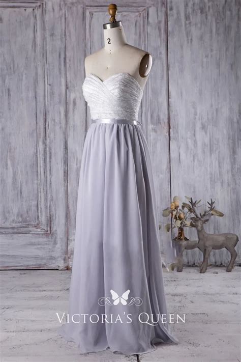 Strapless White Lace And Grey Chiffon Bridesmaid Dress Vq