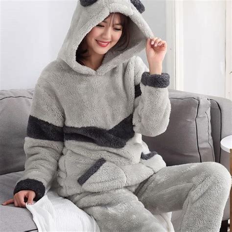 Women Coral Flannel Sleepwear Thick Warm Pockets Pajamas Sets Autumn