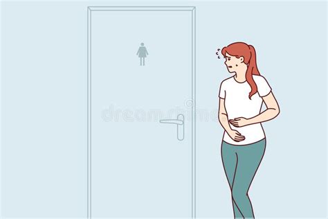 Woman Suffering From Diarrhea Rushes To Toilet Standing Near Closed