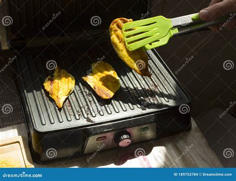 Meat is Fried on an Electric Grill.Steak Meat Grilled on Barbecue Stock ...