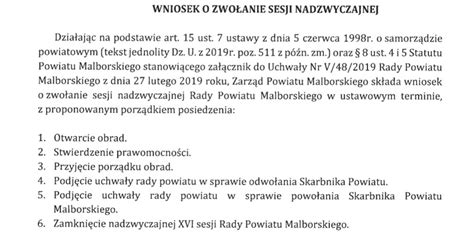 Malbork Nadzwyczajna Sesja Rady Powiatu Malborskiego W Sprawie