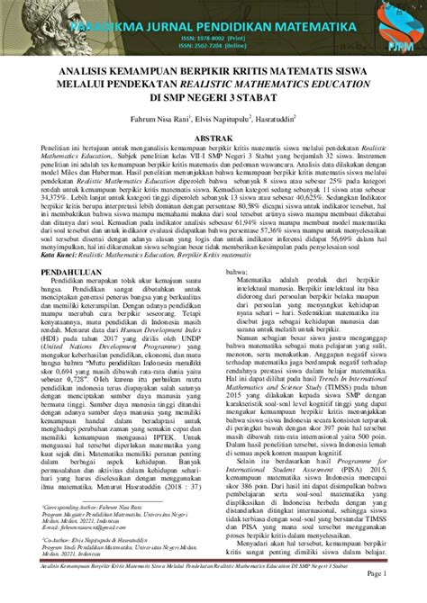 Pdf Analisis Kemampuan Berpikir Kritis Matematis Siswa Melalui Pendekatan Realistic