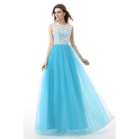 A Line Scoop Neck Long Sky Blue Tulle White Lace Prom Dress