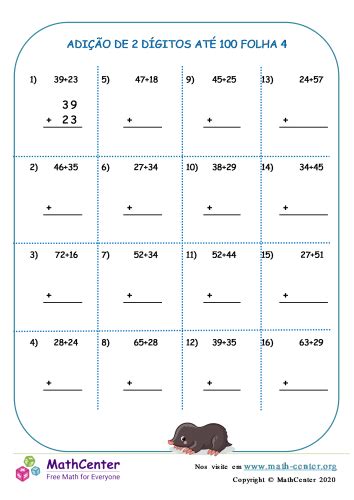 Segundo Ano Planilhas Adição de Dois Dígitos Math Center