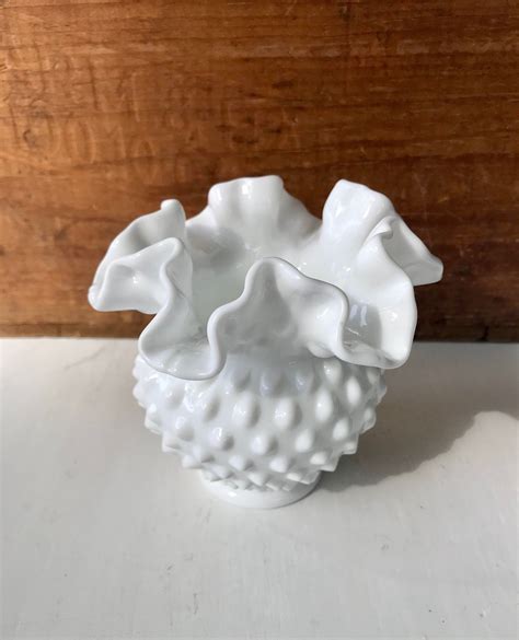 Beautiful Fenton Hobnail Milk Glass Rose Bowl With Crimped And Etsy