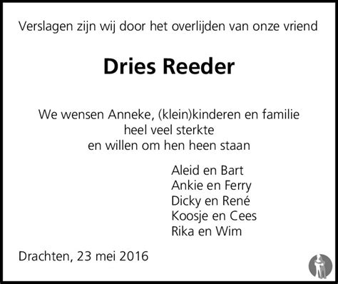 Andries Theunis Dries Reeder Overlijdensbericht En