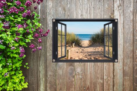 Tuinposter Doorkijk Strand Zee Zand Water Helmgras Duinen