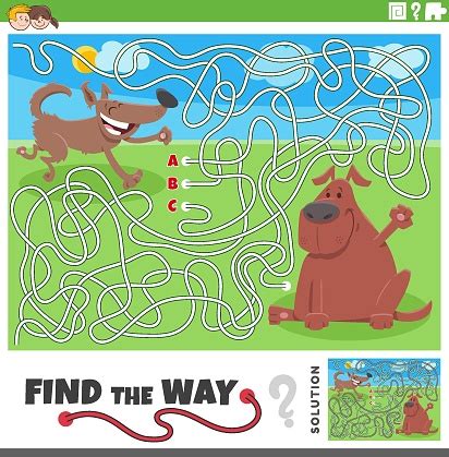 Maze Game With Cartoon Dogs Animal Characters Stock Illustration ...