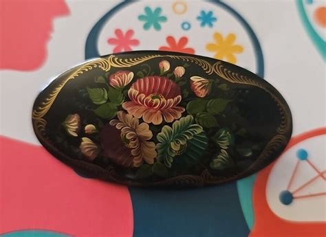 Vintage Rare Russian Hand Painted Wooden Lacquered Brooch Floral EBay