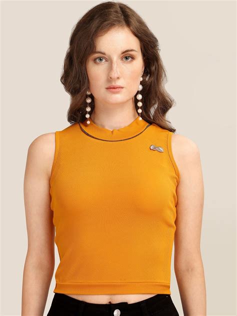 Buy Prettify Women Orange Solid Pure Cotton Crop Top Tops For Women