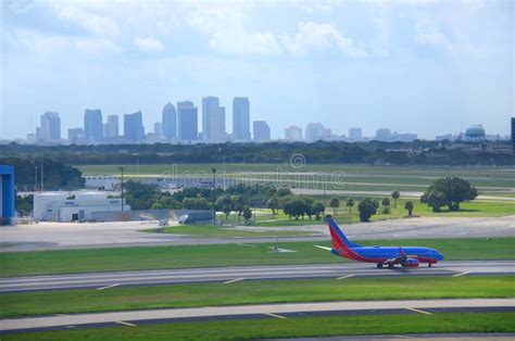 Tampa Skyline With Plane At Tampa Intl Airport Stock Image Image Of