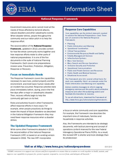 Fema 2013 National Response Framework Information Sheet National Response Framework