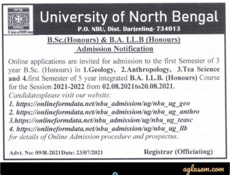 North Bengal University Admission 2021: Application Form (Open), nbu.ac.in