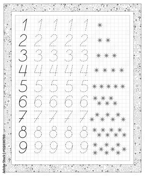 Black and white worksheet on a square paper with numbers. Developing ...