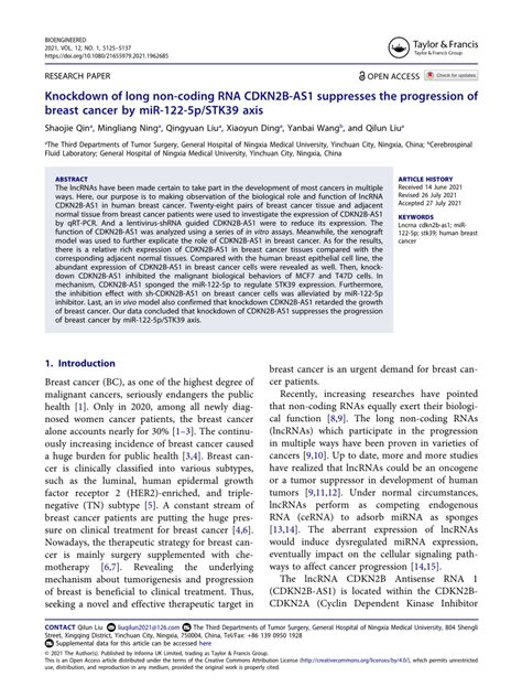 Pdf Knockdown Of Long Non Coding Rna Cdkn B As Suppresses The