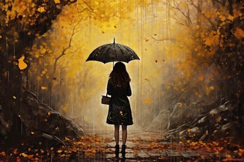 Premium AI Image | a girl with umbrella in the rain during autumn ...