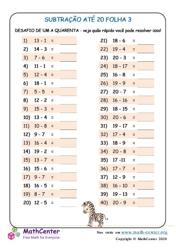 Subtração Até 20 Folha 3 Planilhas Math Center