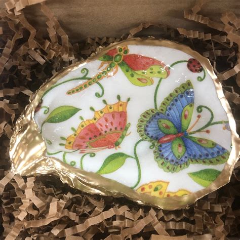 Decoupage Oyster Ring Dishbutterflies And Dragonflies Etsy